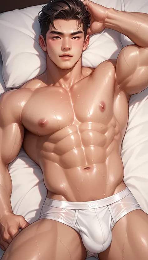 portrait of muscular Asian man laying down in bed, legs wide open, handsome, shirtless, muscular, dynamic pose, sweaty, high angle , white briefs, dick outline