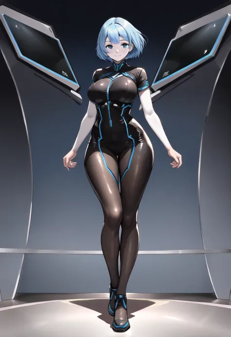 1girl, white skin, light skin, smile, light smile, blue hair, short hair, blue eyes, large breasts, breasts, wide hips, black bodysuit, black clothes, black pantyhose, bodysuit, sleeves, short sleeves, pantyhose, futuristic, science-fiction, neon trim, neo...