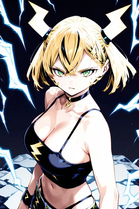 BEST QUALITY, ULTRA DETAILED, HIGH DEFINITION, ALONE, 1 girl, two horns, lightning bolt horns, blonde hair with black highlights, medium-short hair, twintails, bangs, green eyes, black pupil, slit pupil, sharp nails, large breasts, slender, serious express...