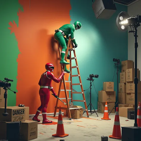 Power Rangers restoring a television studio , Power Red painting the wall and Power Ranger green climbing a ladder placing the lights, You can see cones pointing to the danger zone ,  Work tools , moving boxes and cameras