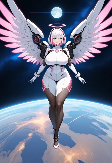 1girl, pink hair, white hair, two-toned hair, short hair, streaked hair, bangs, long bangs, blue eyes, huge breasts, wide hips, thick thighs, smile, light smile, headphones, bodysuit, white bodysuit, futuristic, tech, science-fiction, neon, neon trim, pant...