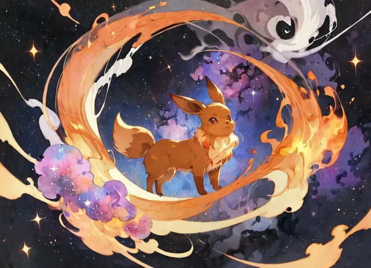 a purple galaxy eevee floating in space watercolor painting with swirls and flames and smoke