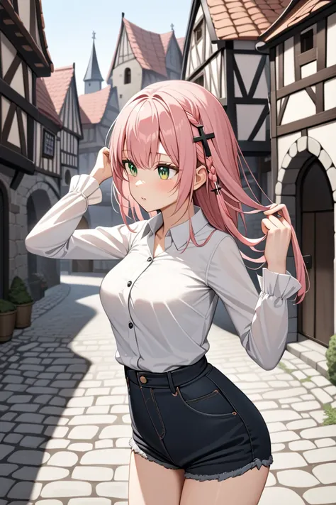 BEST QUALITY, ULTRA DETAILED, HIGH DEFINITION, ALONE, 1 girl, slim, medium breasts, short pink hair, side braid, cross shaped hair accessory, green eyes, scar on face, long sleeved dress shirt with ruffles, black denim shorts, running her hand through her ...