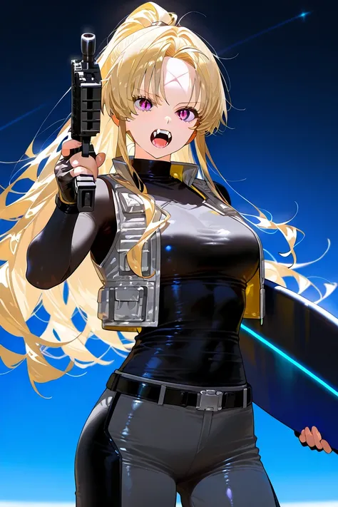 BEST QUALITY, ULTRA DETAILED, HIGH DEFINITION, ALONE, 1girl, BLONDE, long hair semi-wavy at the ends, ponytail, loose strands, bangs on the forehead, dark pink eyes, black slit pupil, fangs, slender, medium breasts. Outfit: black long-sleeved shirt, tight ...