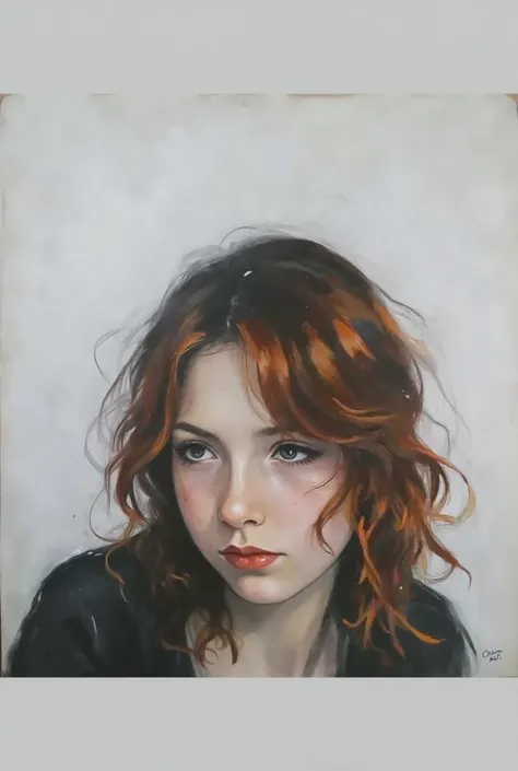 young girl painted in a picture, with Red hair, realistic painting with charcoal in Black and White 