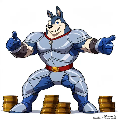  Exiles  ( Road Rovers ), Blue fur, White fur, human, Pointed ears, ,  alone,  whole body ,  Muscle ,  Pectoral ,(kangaroo), red  collar,  coins, pet tags ,  high quality smile,  best resolution, Cell shade, ( blue eyes,  fine eyes):1.1, Silver uniform , S...