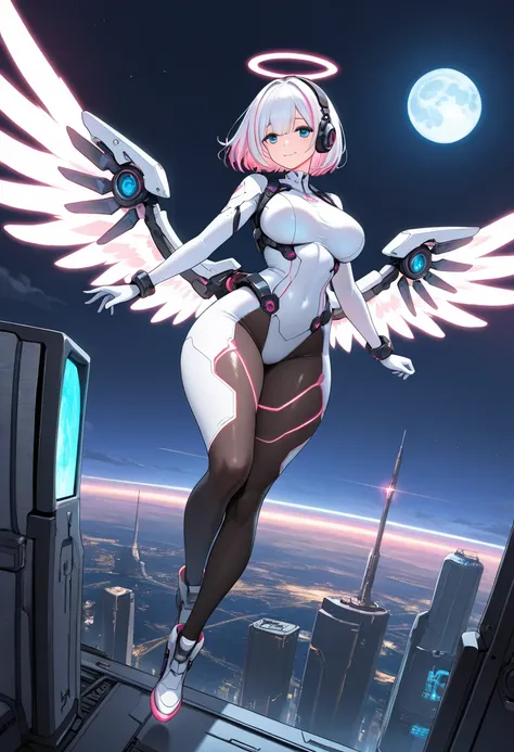 1girl, pink hair, white hair, two-toned hair, short hair, streaked hair, bangs, long bangs, blue eyes, large breasts, wide hips, thick thighs, smile, light smile, headphones, bodysuit, white bodysuit, futuristic, tech, science-fiction, neon, neon trim, pan...