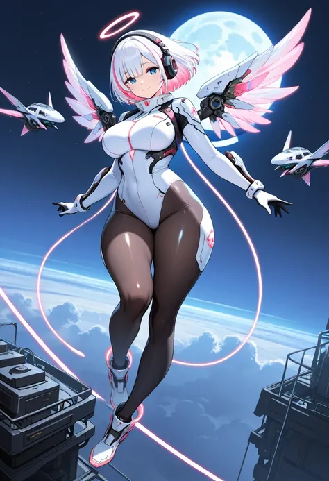 1girl, pink hair, white hair, two-toned hair, short hair, streaked hair, bangs, long bangs, blue eyes, large breasts, wide hips, thick thighs, smile, light smile, headphones, bodysuit, white bodysuit, futuristic, tech, science-fiction, neon, neon trim, pan...