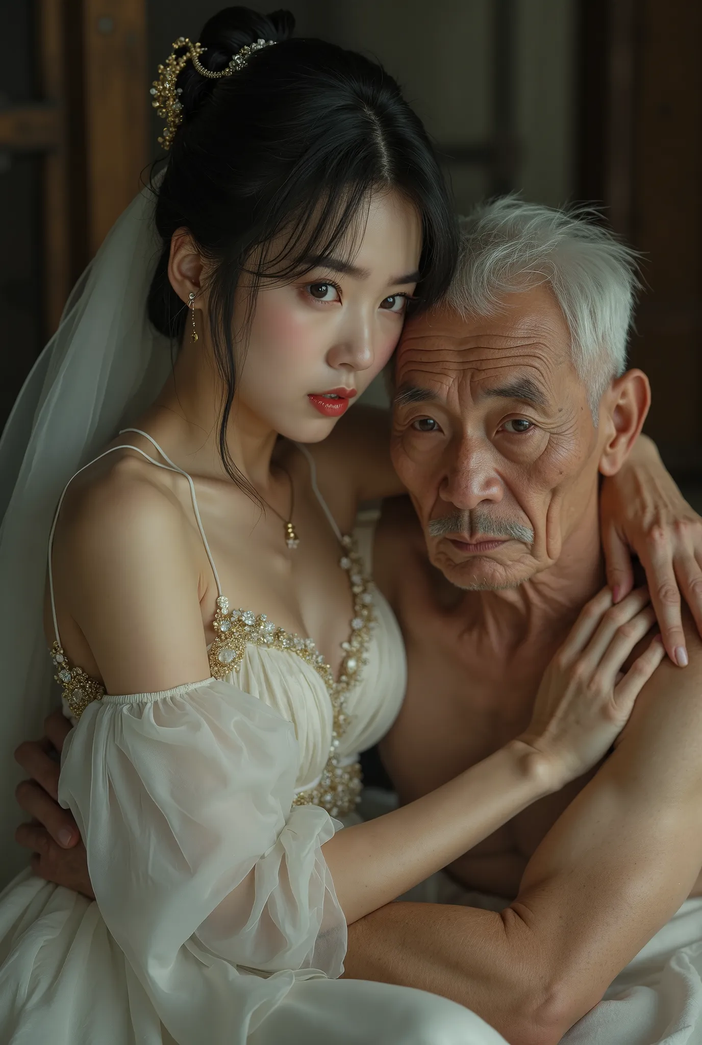 sexy beautiful Asian southeast girl small breasts, flat chest, beautiful girl, naked, white, silk clothes wedding dress, golden bun, hugging 80 year old man, old man Shirtless, she looks at the camera with a frightened look.