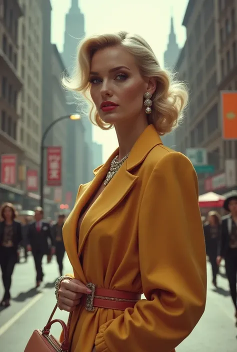 Draw a woman with model Victoria Turner’s face and she is wearing a 20th century 60s fancy female clothes and she is standing on the street of New York with a handbag in her hand, she has blonde hair, she is wearing jewelry