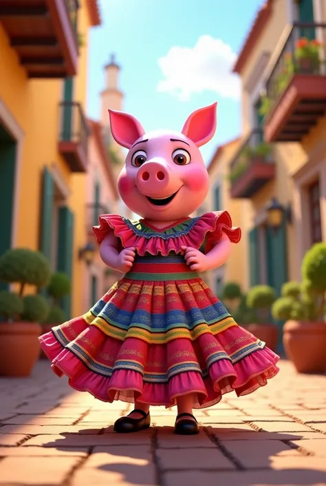 A photo of Pepa Pig wearing a Sevillana dress 