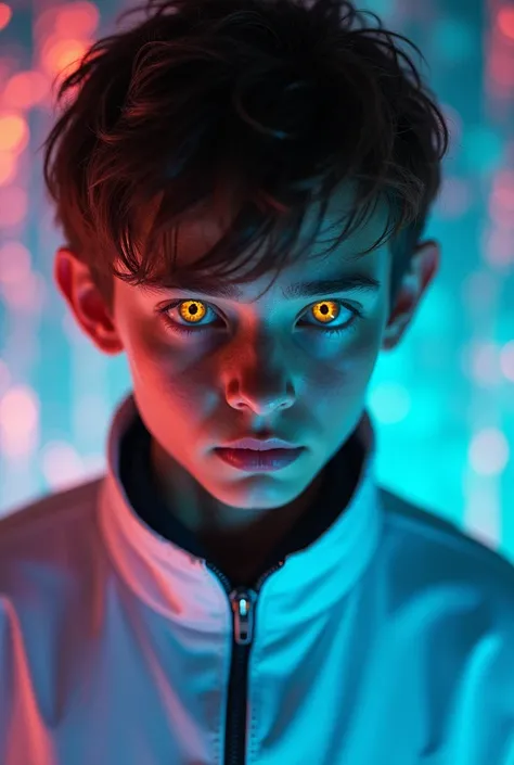 A young scientist with golden glowing eyes, dressed in a futuristic lab coat, surrounded by a strange light emitting unrecognizable colors,Close-up or medium shot, slightly low angle to give a mysterious and epic effect, as if the character is experiencing...