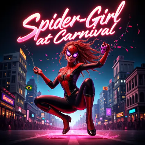 " Create a vibrant and dynamic banner that combines the heroic aesthetic of Spider-Girl with the infectious energy of the Brazilian Carnival. The background must be black,  with details neon red and shades of fluorescent pink ,  creating a striking contras...