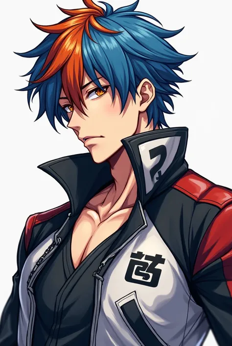 I want 3 male savage muscled OC from the anime Code Breaker 8 
blue and orange hair scarlet eyes stylish artificial white and black jacket white and black jacket Japanese letter pattern.style anime dessin.