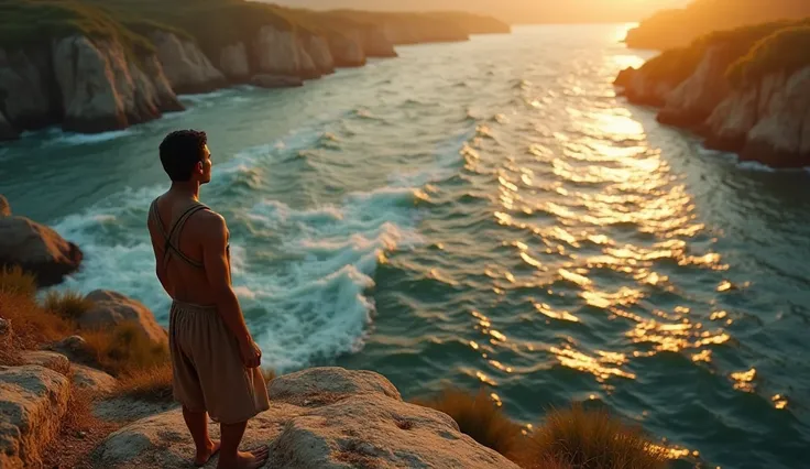 A cinematic aerial shot of Cain, a 19-year-old young man with white skin, standing at the edge of a great river. The river is vast, with strong currents reflecting the golden hues of the setting sun. Cain wears simple, earth-toned clothing, his posture ten...