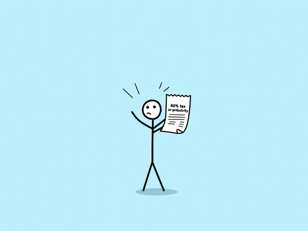 Stick figure holding a receipt that says '40% tax on productivity,' looking shocked, light blue background, minimalist style