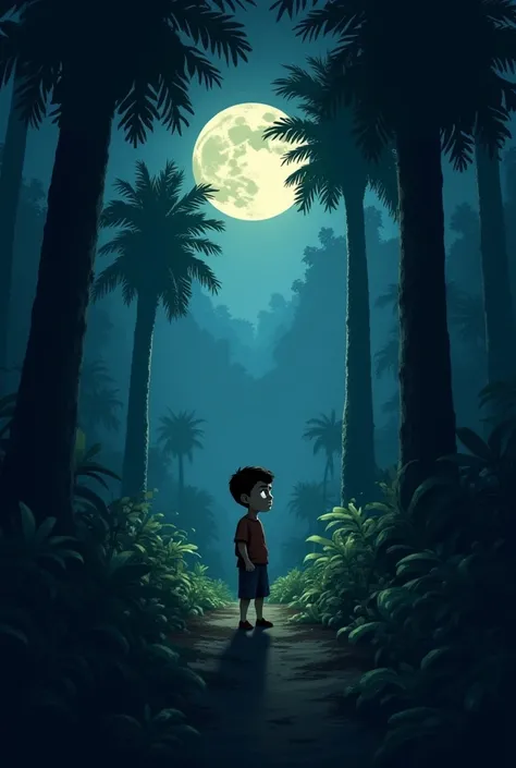 A small boy is surrounded by dense, dark jungle. Tall trees with thick foliage tower over him, casting long shadows. The moonlight filters through the gaps in the trees, illuminating his worried face. He stands still, looking around with confusion and fear...