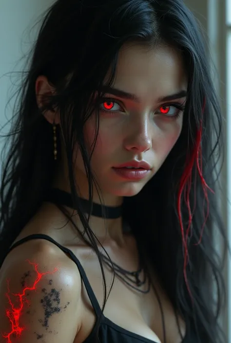 Attractive young woman 
Long black hair with few red strands
Red right eye
Burn scars all over the left arm 
