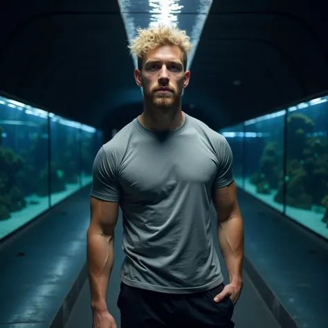  Male Kai Lenny 28 years old,  Clear skin,  blue eyes, cabelo liso curto blonde, and short beard, blonde,  muscular arms with defined abs, wearing a large gray t-shirt and black shorts in a dark modern aquarium tunnel with LED