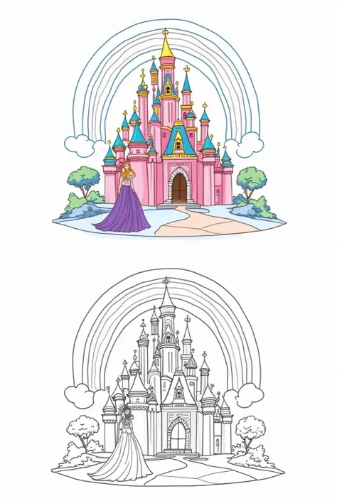 Magical Castle

Color Image: A pink and blue fairy tale castle with golden rooftops, a princess in a purple gown, and a rainbow sky.
Black & White Line Drawing: The same castle, princess, and surroundings in an outlined version for coloring.