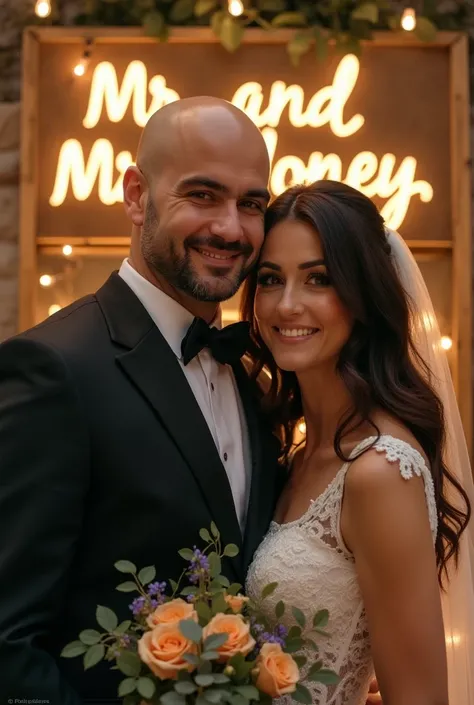 A man with a shaved head accompanied by a brunette woman with a display with Mr. and Mrs. Honey written