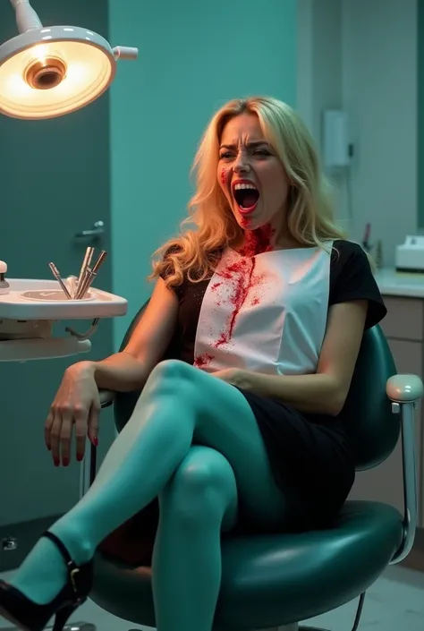 "A young blonde woman in her 20s, fully reclined in a dentist’s chair, screaming in agony as a dentist accidentally drills through her cheek. Blood is splattering from the wound, covering her face and soaking the dental bib around her neck. Her wide eyes a...