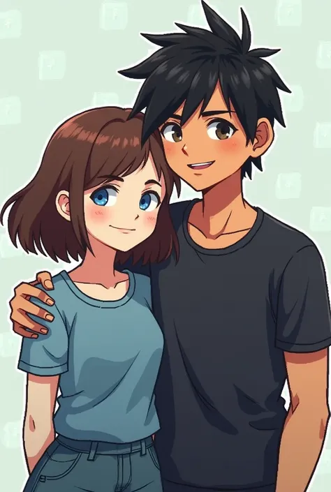 Stardew Valley style pixel art dating couple, white girl with short brown hair through her ears, blue eyes, lenses in blue clothes, and tall tanned boy with black hair raised pointed to the front, black clothes. 