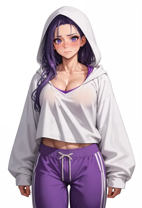 ((White background ))  (Curve:0.9), rathing_questionable , ((Purple Long hair)),  makeup, Ultra Detail Hair, (Purple eyes:1.2), (blush:1.2), (Black sweatpants:1.2), (Oversized white hooded long-sleeved shirt:1.3), tall, long sexy legs, cleavage ,((hyper mu...