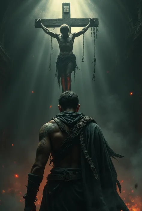 . It could represent the protagonist as a warrior marked by his pacts ,  with scars and ethereal chains connected to demonic shadows behind him,  as he confronts the figure of a crucified man , shrouded in a faint but firm light .  The image would convey t...