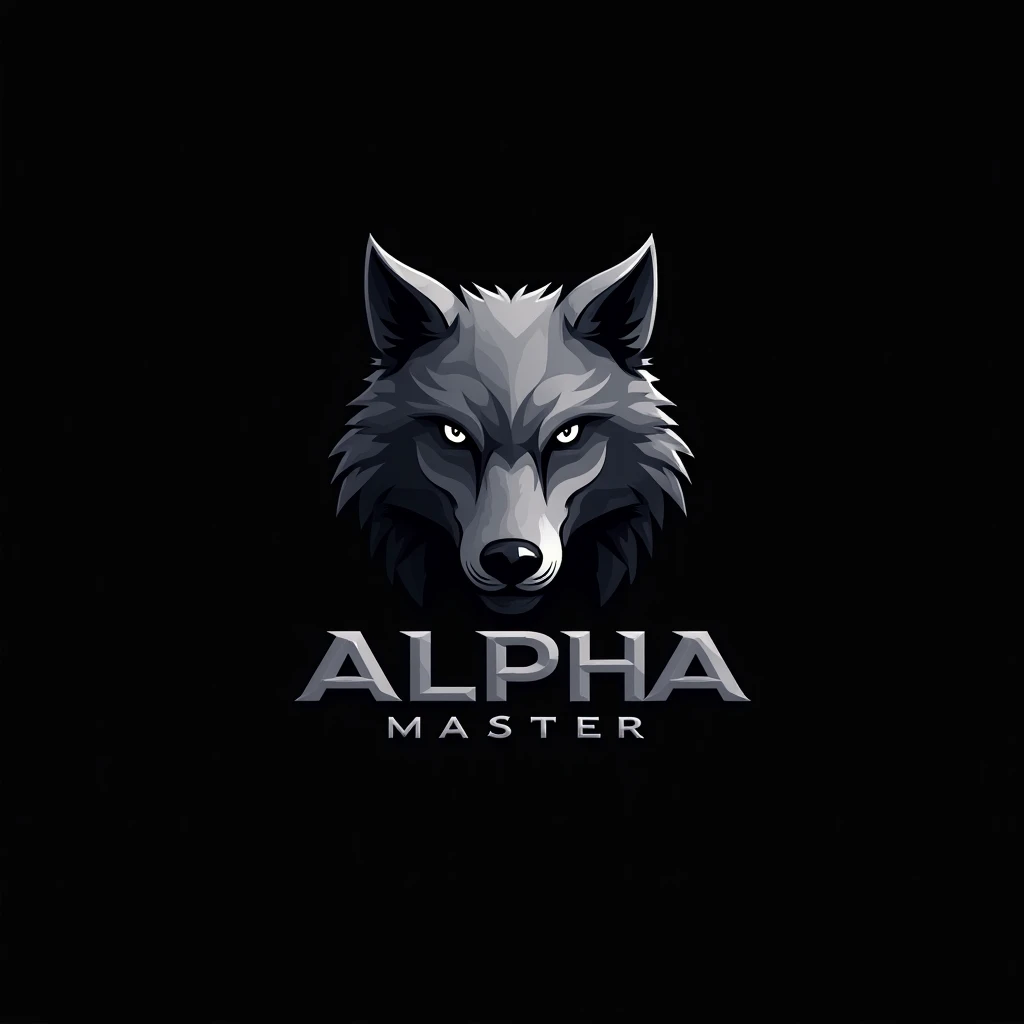 Create a small wolf logo,  with the name "Alpha Master"  with black background 