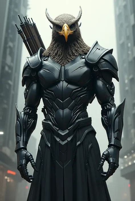 Create a hybrid masculine,very tall dark archer with eagles head and a tall robot