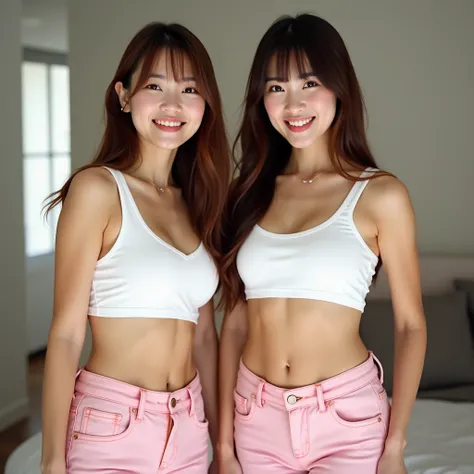 24 year old happy and healthy Asian twin sisters with brown long hair with Bangs. Both are wearing tank tops and classy pink denim shorts with midriff and navel fully shown, standing and posing in their room at home. Realistic photo.