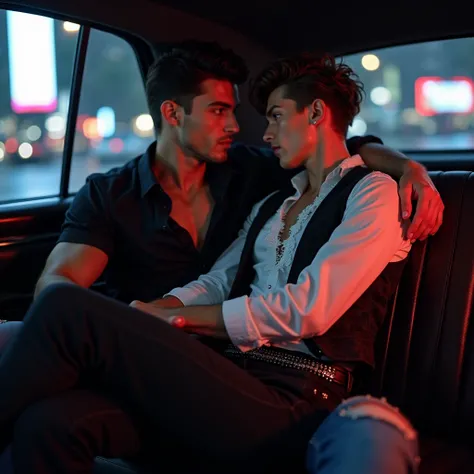  Two guys, pair, gay homosexual ,  inside the car in the back seat.  The younger one sits on top of the older one's lap.   Older guy  обнимает младшего юношу (by the waist ),  and touches him from the waist down  (groping).

 Junior boy :  twink 16 лет (no...