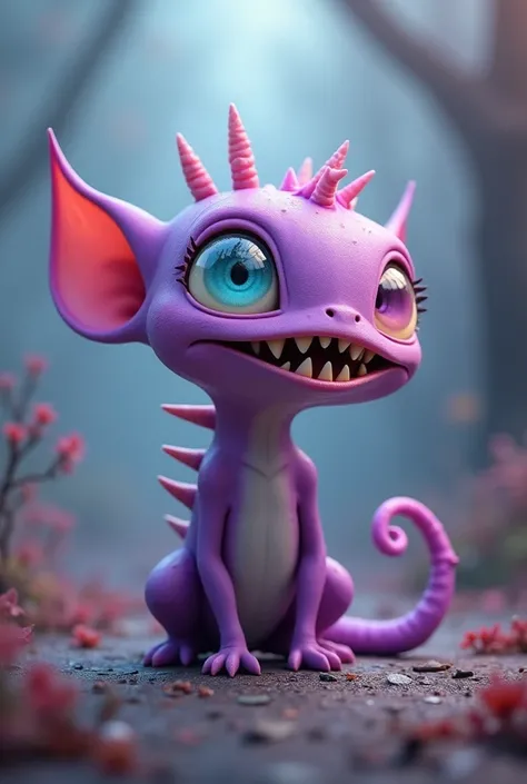 Little alien purple with pink, several pastel-colored bulging eyes with a long tail, sharp fangs and thorns on the back