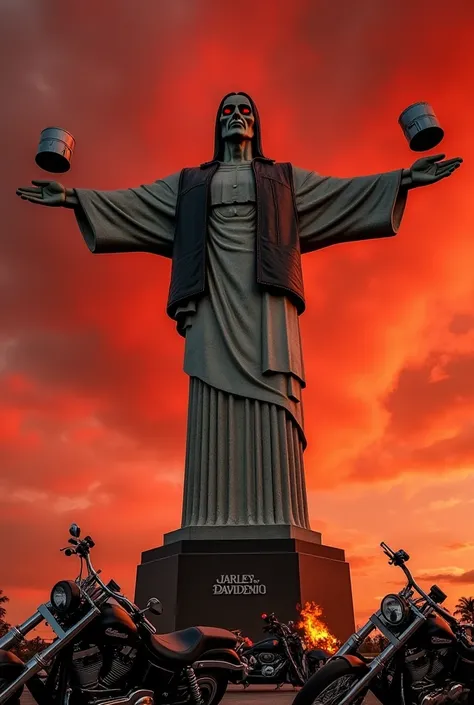 statue of Christ the Redeemer in Rio de Janeiro, wearing a leather vest, with an evil face, in his hands holding two Harley Davidson motorcycle pistons. Red eyes, below the statue there are several black Harley Davidson motorcycles, and barrels with fire, ...