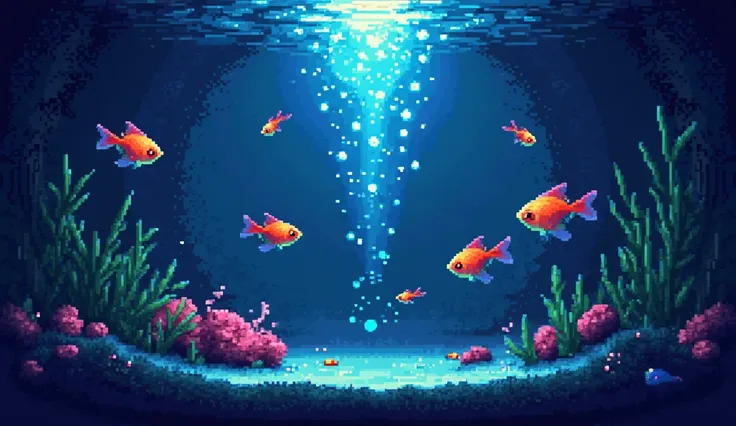  pixel art 、In a dark tank、 fantastic light、Three little neon tetras and three little guppies are swimming peacefully