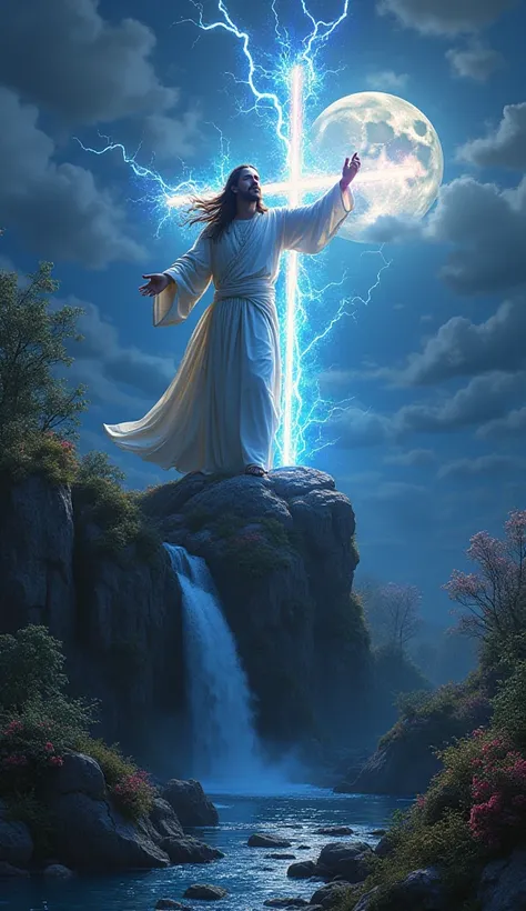 Jesus Christ,  long hair in the wind,  holding a cross made of colored electricity, He's on top of a rock, waterfall,  flores, river wrapped ,  moon background, realistic 8k image 