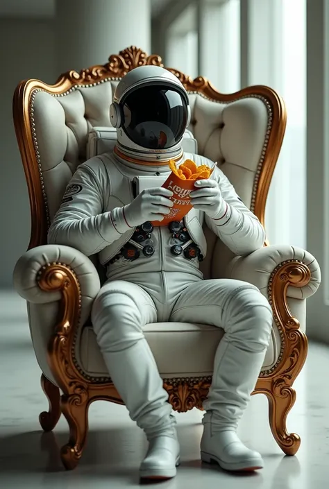 A spaceman is sitting in a luxury chair with chips
