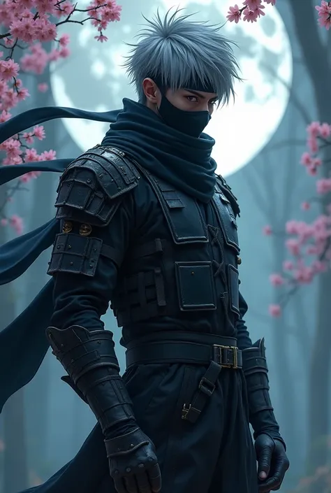 "A mysterious ninja warrior with silver spiky hair, a headband covering one eye, and a face mask hiding his lower face. He wears a dark tactical outfit with armor plates, fingerless gloves, and a flowing scarf. His stance is calm and confident, with a powe...