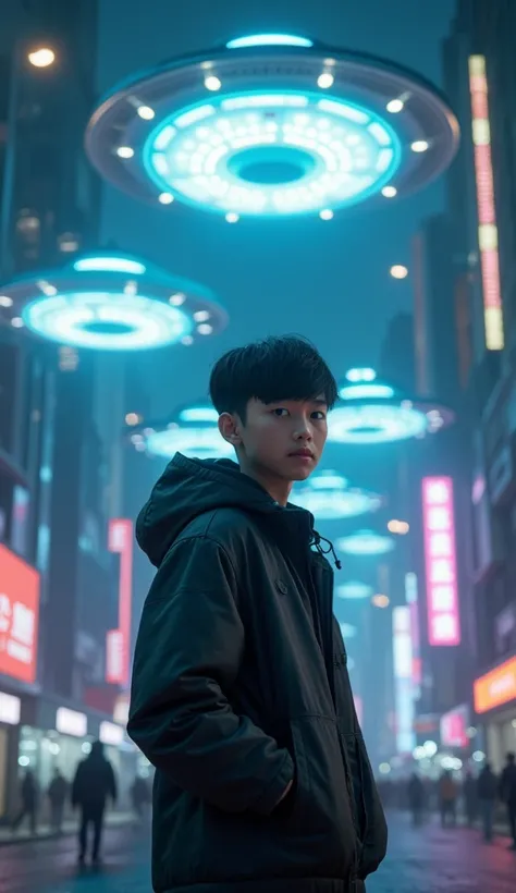 A n asian boy with hoody berdiri In the city of ufo that light up at night.  look at camera.