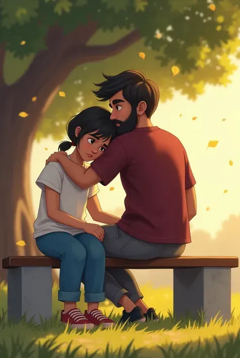 A girl and boy are sitting closely together on the same cement bench The girl is on the verge of tears, resting her head on the boy's shoulder. The boy, with a beard, is gently comforting her, one hand on her back and the other wiping away her tears. The g...