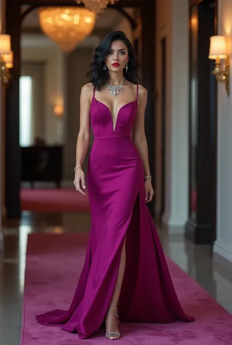 A beautiful femme fatale in a sultry magenta dress, pale skin, raven hair, electric blue eyes ,red lips and hourglass figure, diamond earrings and necklace,she is walking down a hall, modern luxury decor 