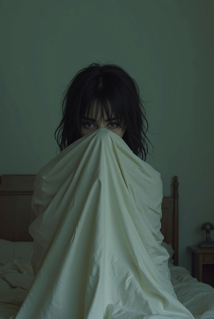 Make me an image of a girl hiding in a room ,  and that the girl has disheveled hair and is covered with a sheet

