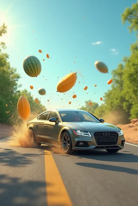 Make an image of a car hitting a melon that flings away