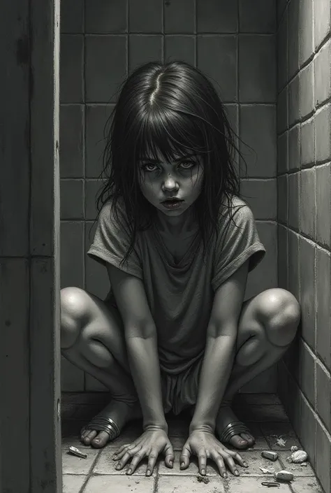 A Gothic style dramatic drawing of a girl having a mental breakdown in the bathroom 