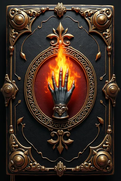 A magical leather notebook
It is decorated with the emblem of Satan's paws in its corners and a flaming metal monstrous hand in the middle, surrounded by golden magical symbols and the border of the book is decorated with goblin nalkhon.