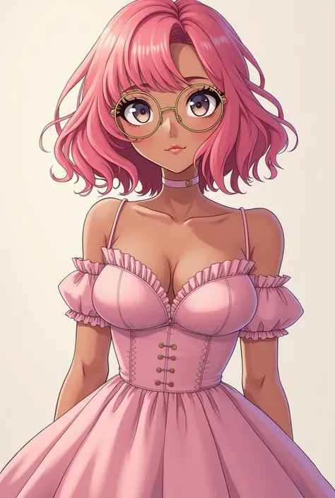 A young woman in anime style,  full body ,  With short hpink root hair. She has soft brown skin ,  expressive eyes and wears glasses with large and gold frames.  She has a discreet piercing in the septum .  Her clothes are stylish and modern : a curly and ...