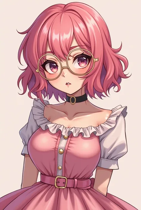 A young woman in anime style,  full body ,  With short hpink root hair. She has soft brown skin ,  expressive eyes and wears glasses with large and gold frames.  She has a discreet piercing in the septum .  Her clothes are stylish and modern : a curly and ...