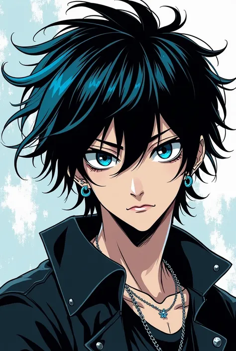 Generate an emo, punk, e-boy dude in manga art style, he has medium length black messy hair with chunky blue highlights and facial piercings, he’s hot