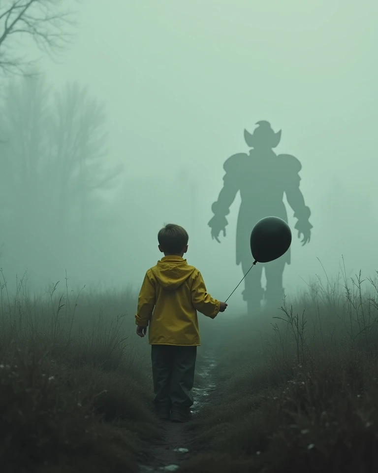  The cover shows a small boy with his back , standing in a field covered with fog .  He wears a yellow raincoat ,  evoking the image of Georgie ,  but in his hand he is holding a black balloon instead of red .  his shadow ,  projected on the ground ,  it i...